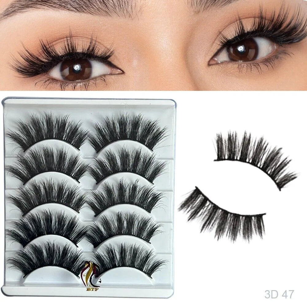 3D-47 Mink False Eyelashes 5 Pairs Dramatic, Reusable Eye Lashes