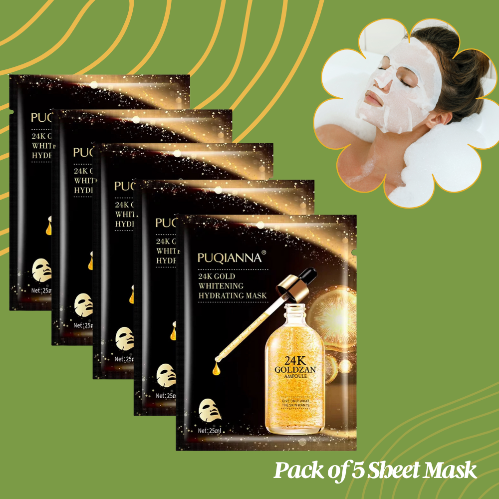 Pack of 5, 24K Gold Collagen Sheet Mask – Anti-Aging Hydrating Face Mask for Brightening Skin, Reduces Wrinkles, Fine Lines & Dark Circles