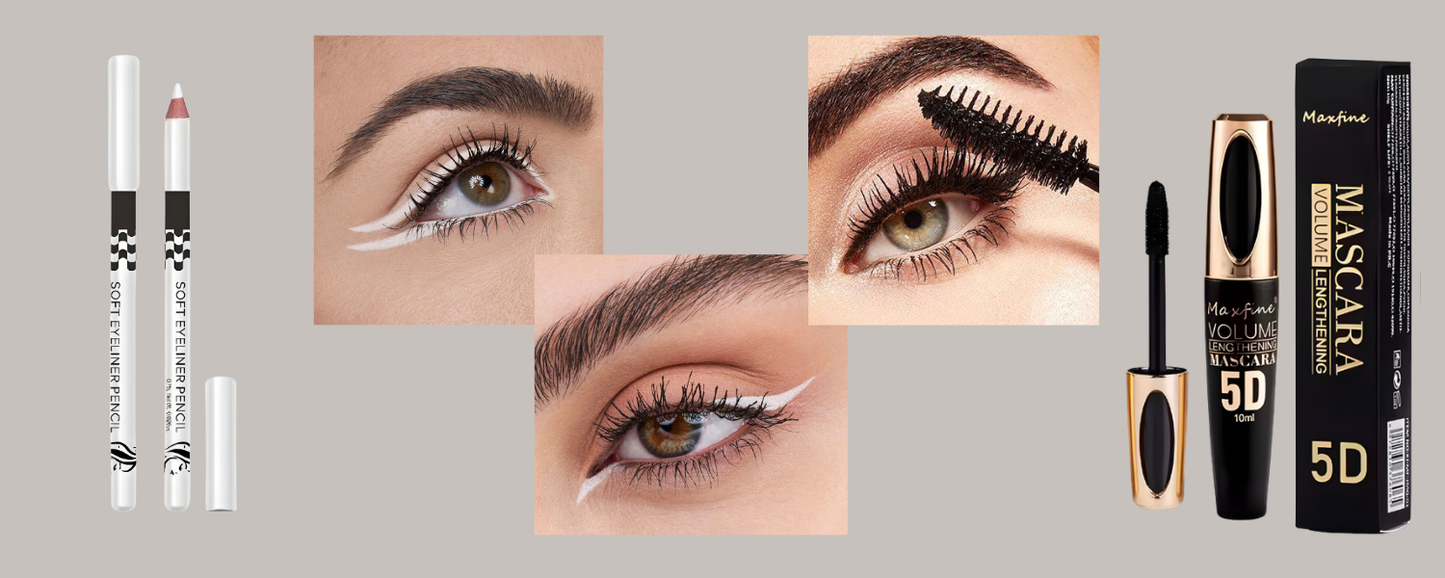 BTF White eyeliner and 5D Eyelashes Mascara Black 2 in 1 Beauty Set Gift for her Eyes Care