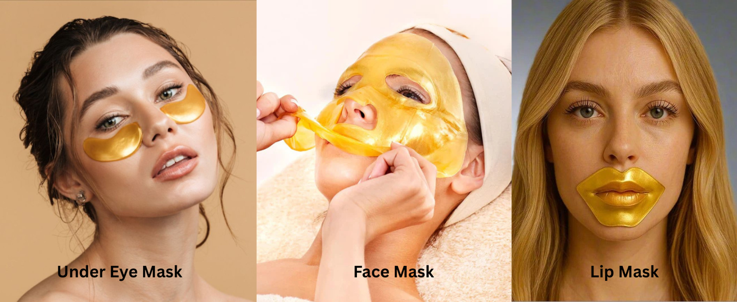 24K Gold Collagen Face, Under Eye & Lip Mask Set – Anti-Aging Hydrating Skincare, Reduces Dark Circles, Fine Lines & Puffiness – Spa Facial Treatment