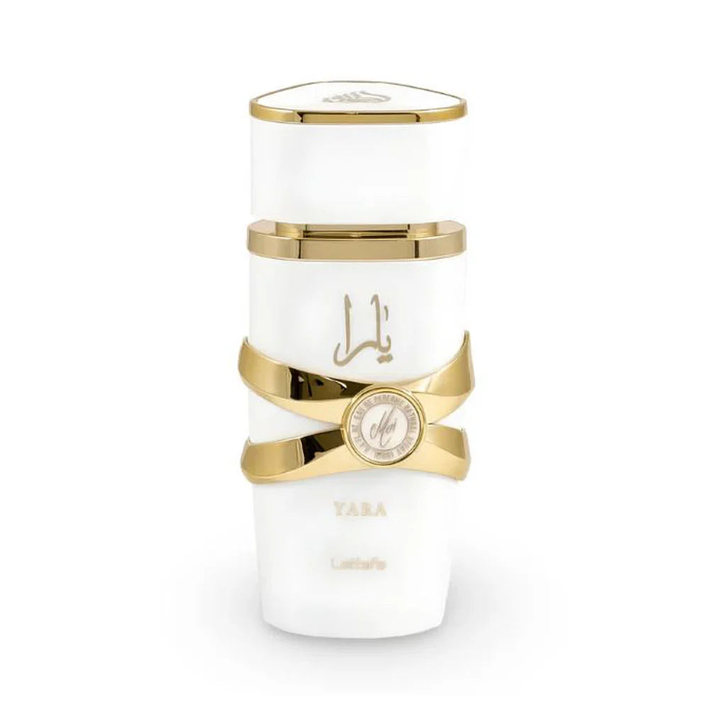 Yara Moi dupe, Yara Moi vs Marc Jacobs Perfect Intense, Lattafa Yara Moi caramel scent, Yara Moi peach jasmine perfume, Buy Yara Moi Lattafa perfume online – elegant white bottle with gold cap.