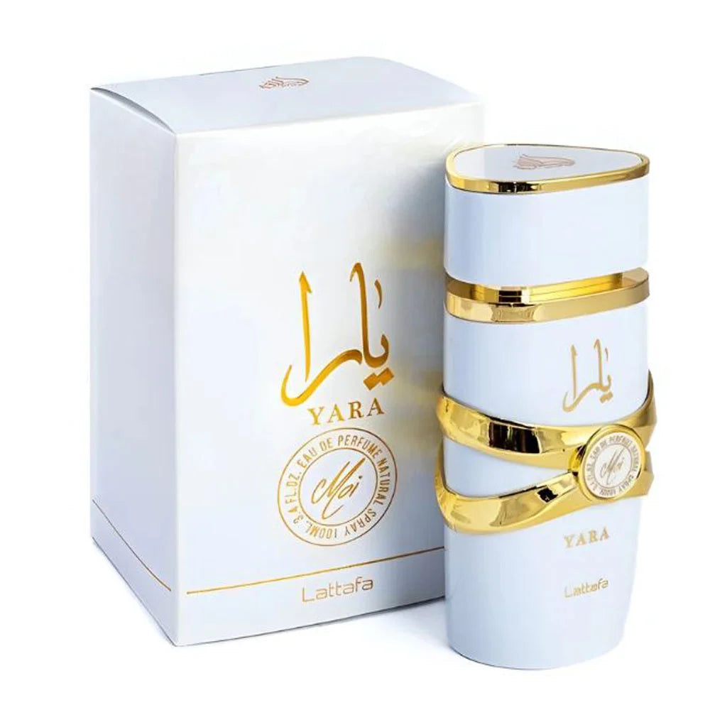 Yara Moi gourmand fragrance, Yara Moi patchouli base notes, Lattafa Yara Moi layering tips, Yara Moi perfume longevity, Yara Moi fragrance for spring, Close-up of Yara Moi Lattafa bottle – long-lasting gourmand fragrance for spring wear.