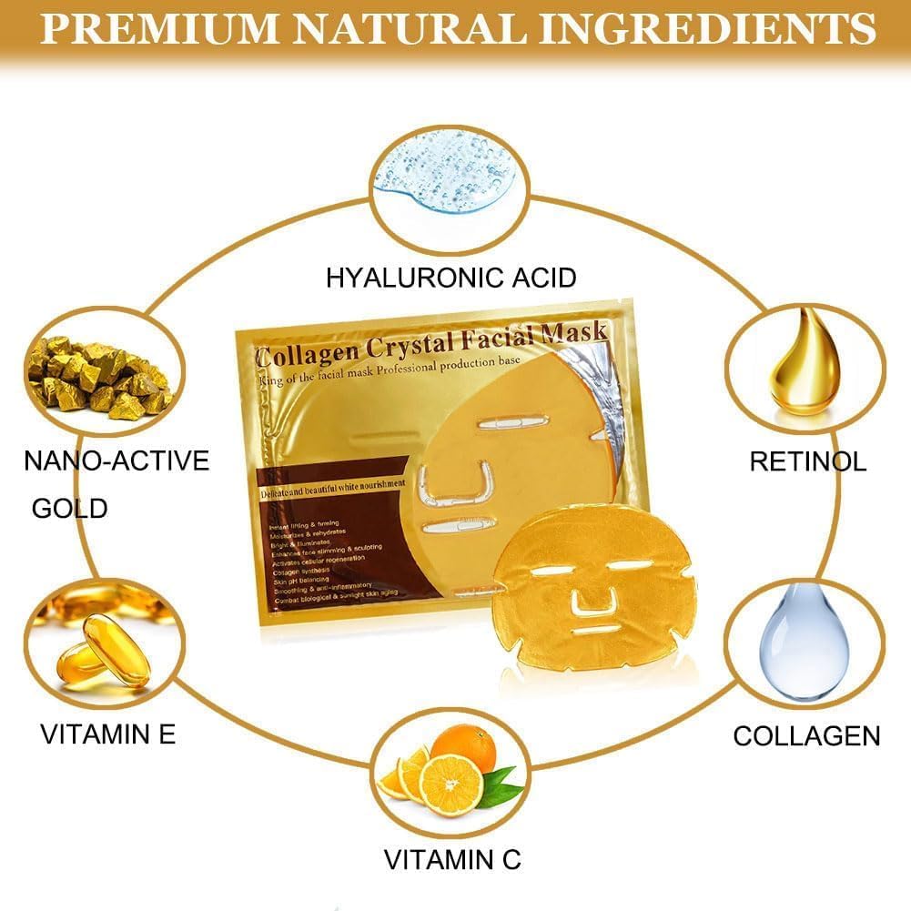 24K Gold Bio Collagen Crystal Face Facial Mask, Anti ageing Skin Care, LuxeLift Facial Mask for Youthful Skin Pack of 5